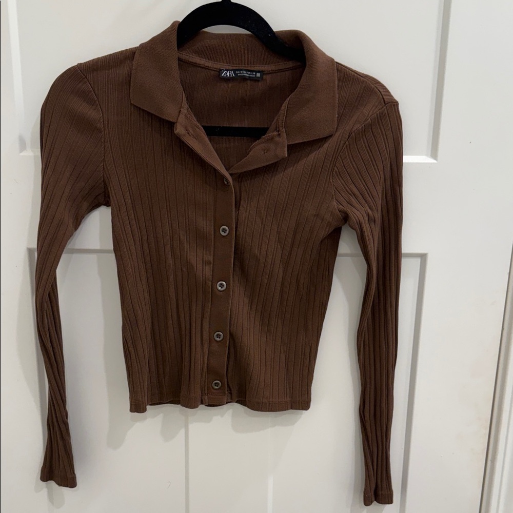 Zara Chocolate Brown Ribbed Button Down Shirt